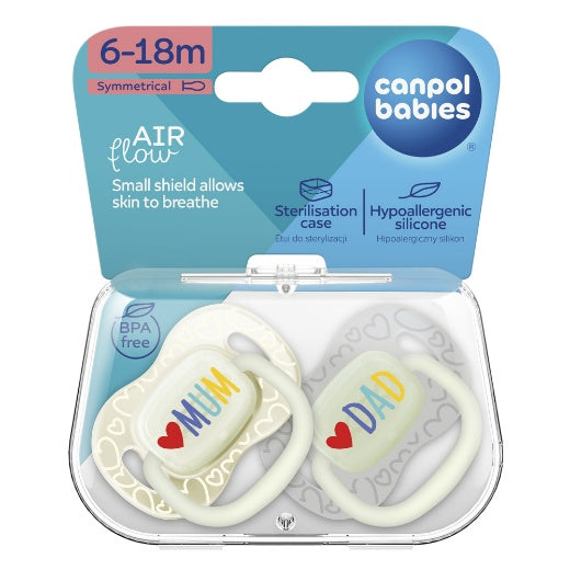 Canpol Babies Silicone Soother – LOVE MUM&DAD – 6–18 months – 2 pcs