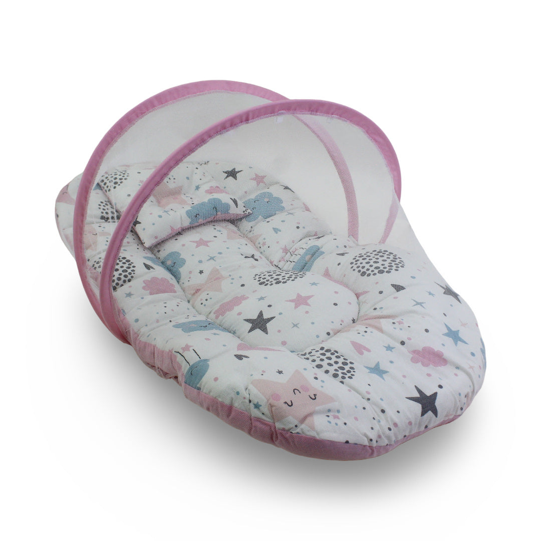 Cotton Mosquito Net – Pink with Clouds and Stars Print