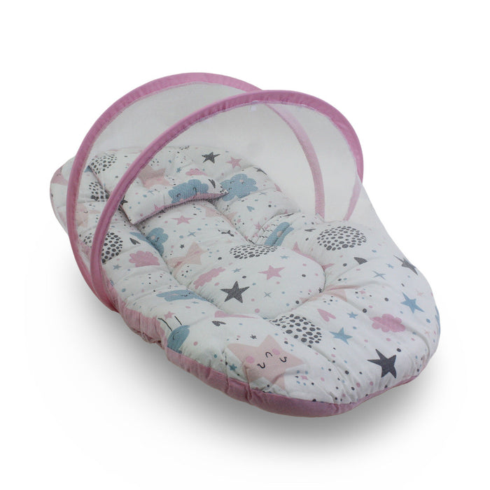 Cotton Mosquito Net – Pink with Clouds and Stars Print