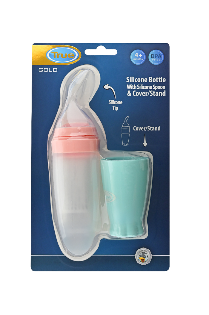 TRUE Gold Silicone Spoon Bottle with Cover/Stand — 4+ months